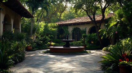 Obraz premium Picturesque courtyard with a fountain amidst lush foliage and architecture