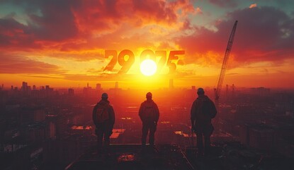 Fototapeta premium Silhouettes of Construction Workers and Cranes Building 2025 at Sunset