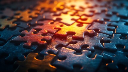 Close-up of a completed jigsaw puzzle with warm light highlighting the perfect fit
