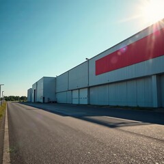 Fototapeta premium Exterior of large factory with sun shining on facade, structure, industrial building