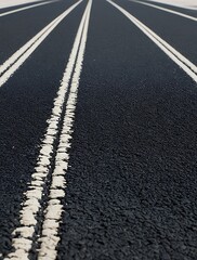 A straight road with freshly painted white lane markings stretching into the distance. The textured asphalt surface contrasts with the crisp lines, creating a sense of depth and movement.

