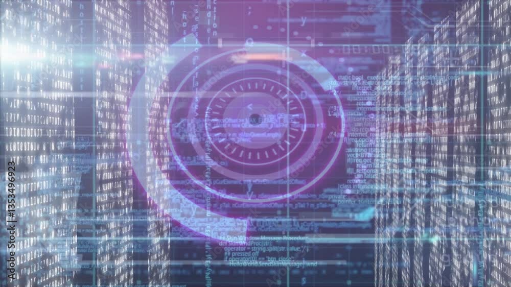 Poster digital data streams and circular interface animation over futuristic cityscape