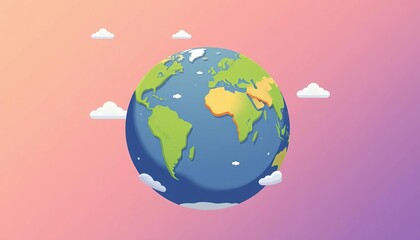 Fototapeta premium Flat cartoon globe illustration; continents, oceans, clouds Save the planet concept, vector, design
