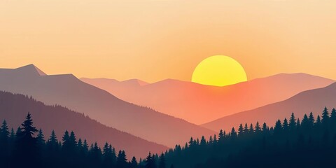 Obraz premium Flat style vector mountain landscape Minimalist polygonal sunrise, misty slopes, forest , clean, sunrise