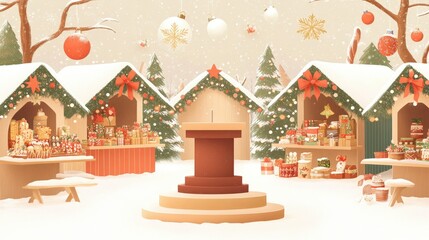 A Festive Christmas Market Scene: Snow-Covered Stalls, Gifts, and a Podium