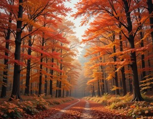 Obraz premium Majestic Autumn Forest Path Vibrant Red and Orange Fall Foliage Pathway