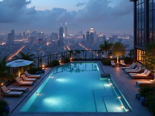 Rooftop Pool with City Skyline Views: A chic rooftop swimming pool at a five-star hotel, offering a stunning panoramic view of a vibrant city skyline, illuminated by city lights at dusk.