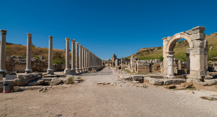 Ruins of the ancient city of Perge in Antalya.  Colonnaded street.  Historical and archaeological...