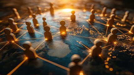 A glowing network connects a global community, with wooden figures surrounding a luminous Earth. 