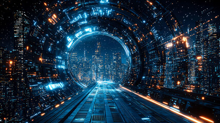 Fototapeta premium Futuristic Cityscape: A Night Journey Through a Neon Tunnel