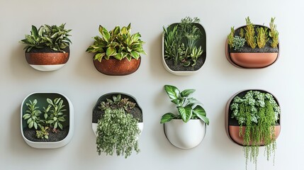 Several wall mounted planters displaying various lush green plants indoors