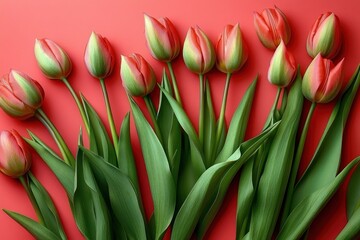 Fototapeta premium Vibrant tulip buds on coral background fresh springtime composition minimalist design