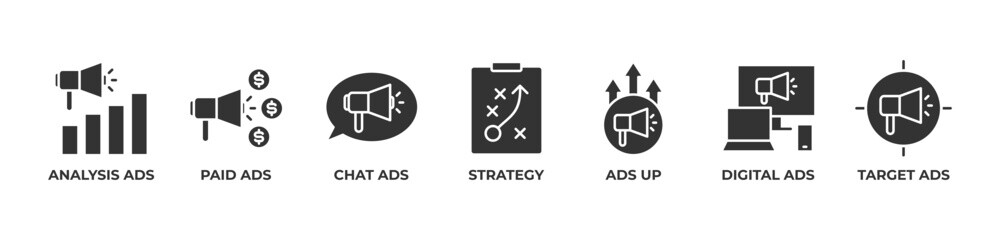 Strategic Digital Advertising Icons set vector illustration with Analysis ads, Paid ads, Chat ads, Strategy, Ads up, Digital ads, Target ads