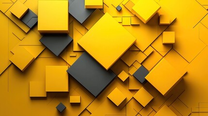 Abstract geometric design with yellow and dark gray squares.  A 3D rendering of various sized squares in a chaotic yet organized pattern