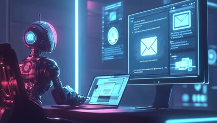 Robotic assistant working on emails in a futuristic office