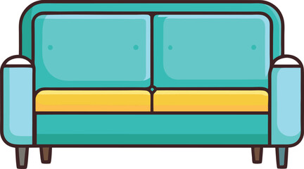 Vector Modern Sofa with Teal and Yellow Cushions Icon Design, A vector design of a modern sofa with teal cushions and yellow seat, perfect for stylish home decor and interior design.
