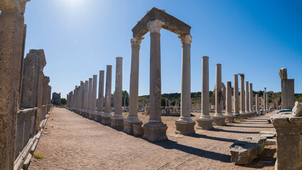 Ruins of the ancient city of Perge in Antalya. The columns of the Agora Square. Historical and...