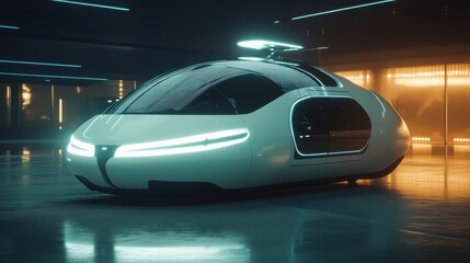 Fototapeta premium Futuristic White Electric Vehicle in City at Night