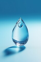 Fototapeta premium Water Drop Minimalism on Soft Blue Background with Light Refractions and Soft Shadows