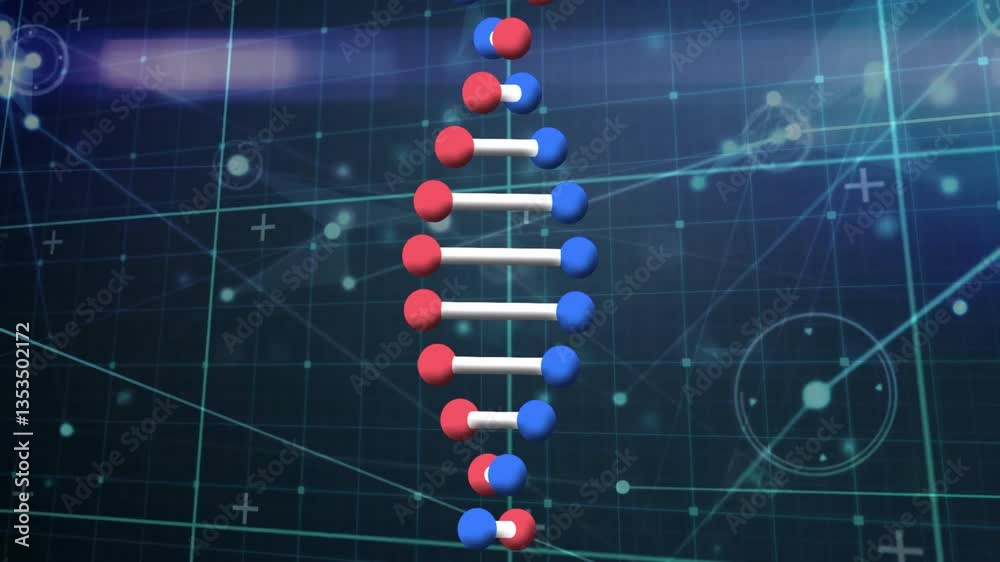Poster processing scientific data, animation showing dna strand with binary coding