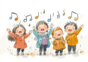 Fototapeta premium Cheerful Singing Children Colorful Cute Hand Drawn Illustration