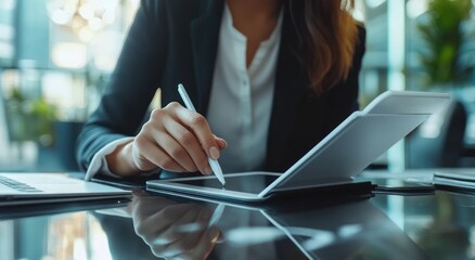 Businesswoman using tablet and laptop in modern office environment for data management and communication