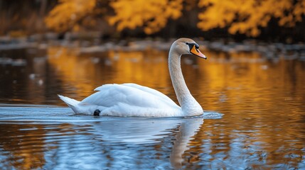 Fototapeta premium Elegant white swan swimming on calm autumn lake.