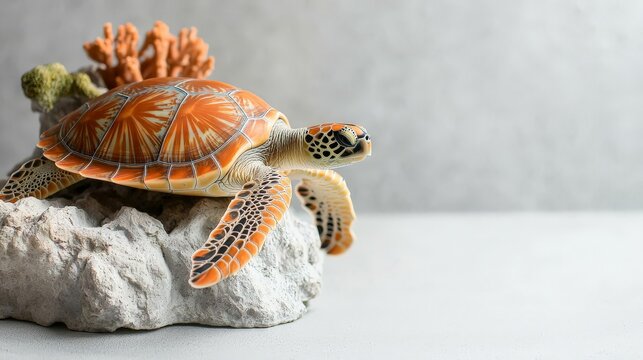 Protecting and Reducing Carbon Footprints for a Sustainable Future A decorative turtle figurine rests on a textured surface near coral-like elements.