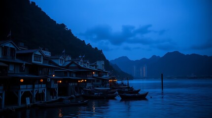 Fototapeta premium Twilight over waterfront village nestled between mountains.