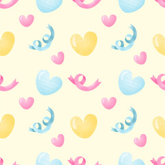Cute Watercolour Heart and Ribbon Seamless Pattern