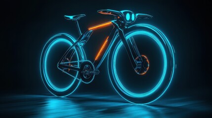 Fototapeta premium Glowing Blue and Orange Electric Bicycle in Dark Setting