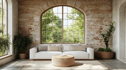 Modern living room features exposed brick and expansive arched window
