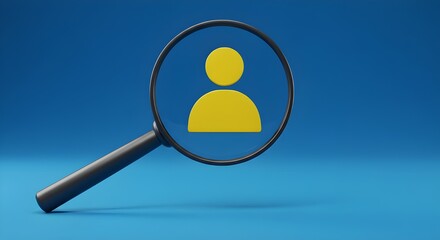 Yellow human icon in magnifying glass on blue background