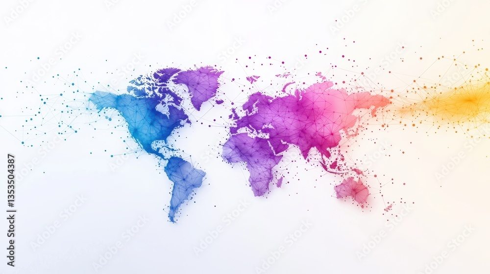 Poster globe global connectivity and networking world map with colorful lines connecting continents, white 