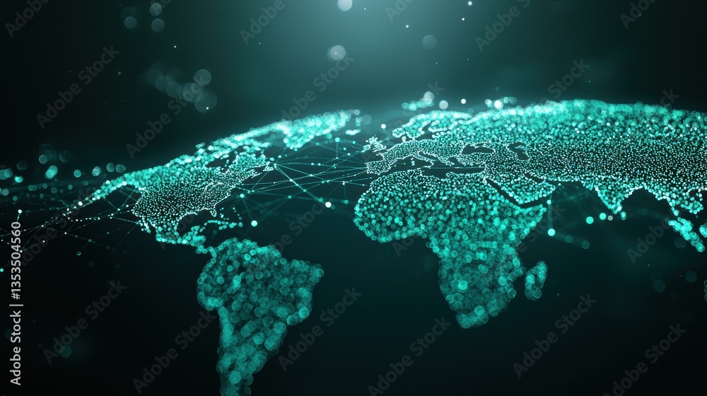 Poster global network connections world map with pulsating light trails connecting continents, dark backgro