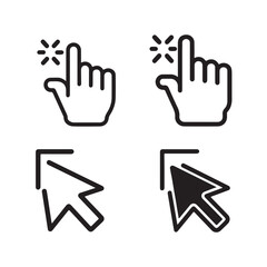 Obraz premium Click Cursor Icons. Collection of computer mouse click cursors, including pointer clicks, hand pointer symbols, and clicking fingers. Features pixel cursors and computer mouse pointers.