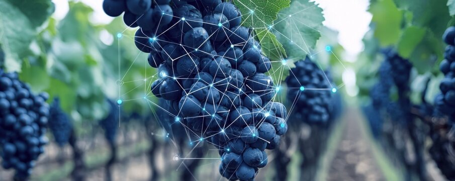 A close-up of dark grapes on a vine with a digital overlay, symbolizing technology's integration into agriculture and viticulture.