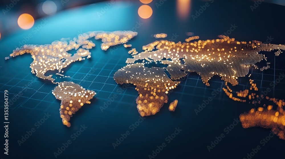 Poster technology and data visualization world map with glowing grids and data points, blue background, vis