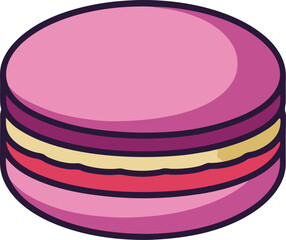 Macaron Cookie Vector Illustration, A colorful vector illustration of a pink macaron with yellow and purple fillings, designed in a clean and playful style.

