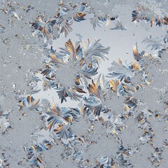 abstract blue and gold frost patterns on a window pane in winter