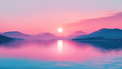 Fototapeta premium Serene Pink Sunrise Over Mountain Lake Landscape