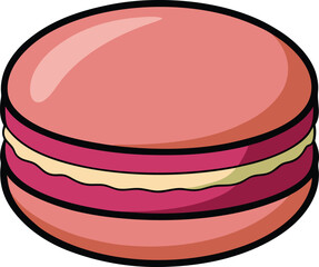 Macaron Cookie Vector Illustration, A cute vector illustration of a pink macaron with a yellow filling, designed in a simplistic and colorful style.
