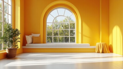 Bright, sunny, minimalist room with a large arched window
