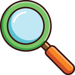 Magnifying Glass Icon Vector Illustration, A colorful vector illustration of a magnifying glass with a green rim and orange handle, often used for searching or inspecting.
