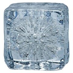 closeup of crystal clear ice cube with air bubbles inside  isolated on white background  with light blue tint.