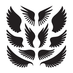 Fototapeta premium Wings Icon Set. Collection of black wing designs featuring various styles, including bird wings and angel wings. Diverse wing shapes ideal for logos, emblems, or decorative elements. Vector