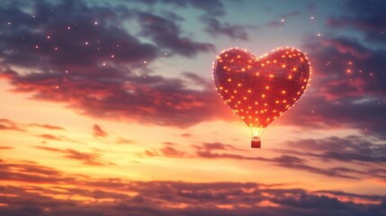 Fototapeta premium Heart Shaped Hot Air Balloon Soaring Through Sunset Sky