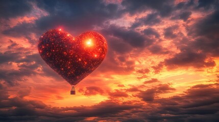Fototapeta premium Heart Shaped Hot Air Balloon Soaring Through a Dramatic Sunset Sky