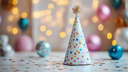 A colorful party hat with a festive design, perfect for birthdays, celebrations, and joyful occasions.