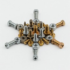 gold and silver screws nuts arranged in starburst pattern on white background